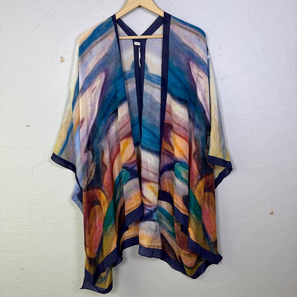 Soft Surroundings Silk Kimono Wrap Womens PL PXL Abstract Art Print Sheer Boho